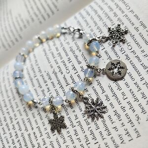 Opalite Bead Bracelet with Snowflake Charms - Iridescent Blue-White